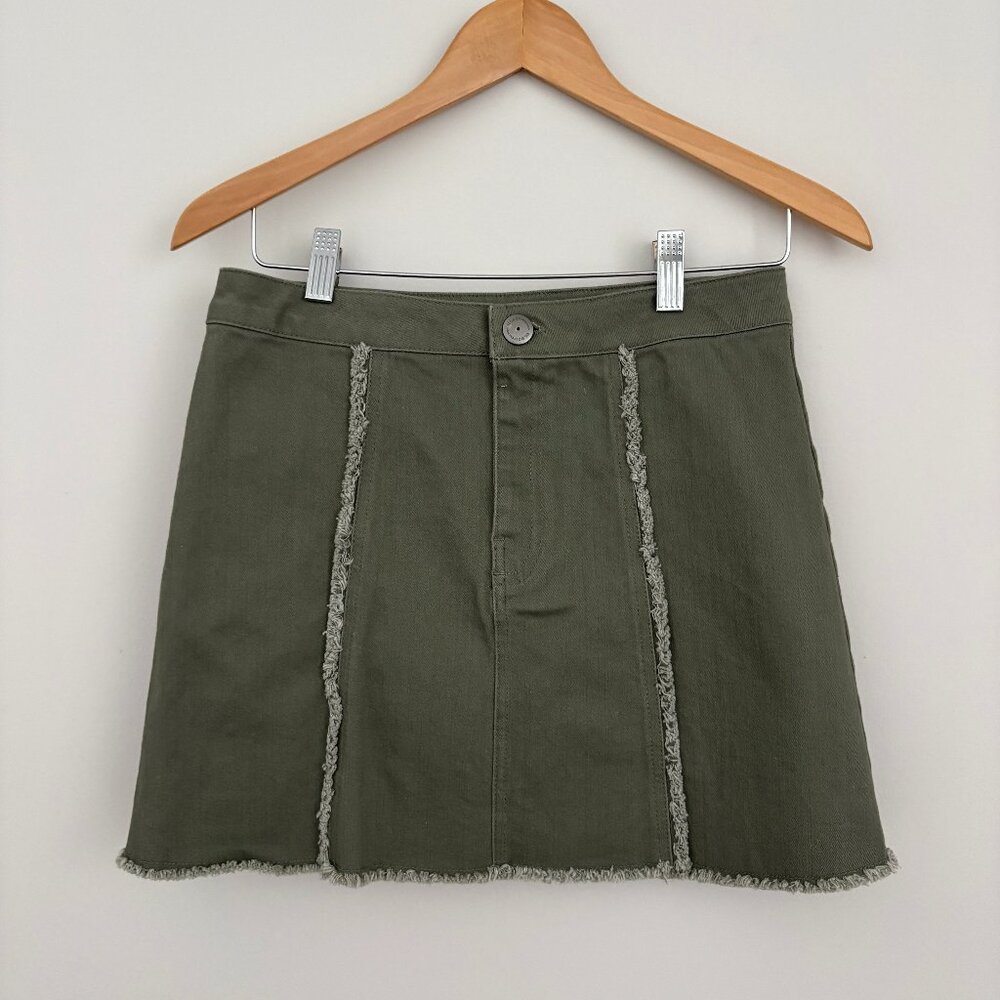 BCBG Women's Denim Mini Skirt Olive Green Stretch Fray Boho Western Size 26